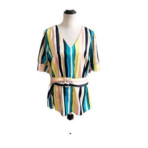 Lane Bryant NWT Short Sleeve Blouse Multicolored Striped Belted Artsy Beachy